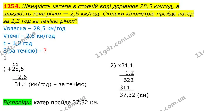 1254. Швидкість катера в стоячій воді дорівнює 28,5 км/год, а швидкість течії річки — 2,6 км/год. Скільки кілометрів пройде катер за — ГДЗ Математика 5 клас Кравчук