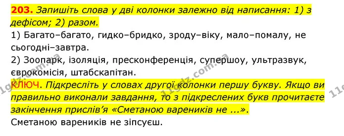 203. Запишіть слова у дві колонки залежно від написання: 1) з дефісом; 2) разом. — ГДЗ Українська мова 6 клас Заболотний 2023