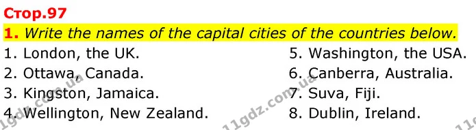 1. Write the names of the capital cities of the countries below. — ГДЗ Робочий зошит Англійська мова 7 клас Карпюк