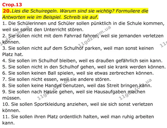 20. Lies die Schuiregeln. Warum sind sie wichtig? Formuliere die Antworten wie im Beispiel. Schreib sie auf. — ГДЗ робочий зошит Німецька мова 8 клас Басай
