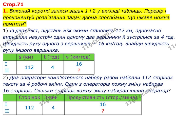 1. Виконай короткі записи задач 1 і 2 у вигляді таблиць. Перевір і прокоментуй розв’язання задач двома способами. Що цікаве можна — ГДЗ Математика 4 клас Скворцова