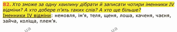 82. Хто зможе за одну хвилину дібрати й записати чотири іменники IV відміни? А хто добере п’ять таких слів? А хто ще більше? — ГДЗ Українська мова 6 клас Заболотний 2019