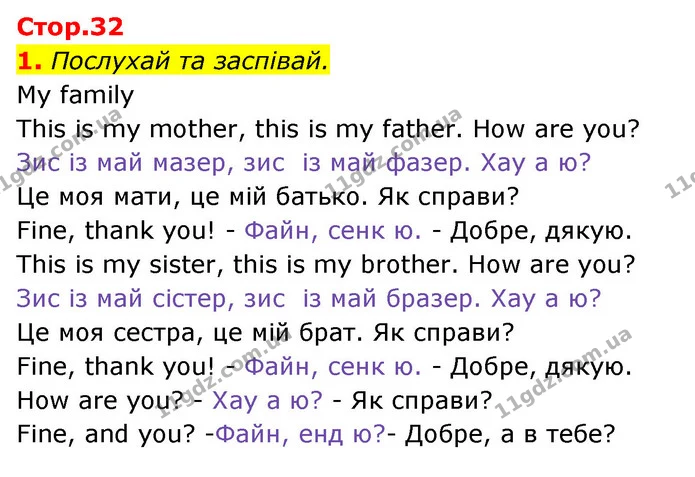 1. Послухай та заспівай. — Англійська мова 1 клас Мітчелл