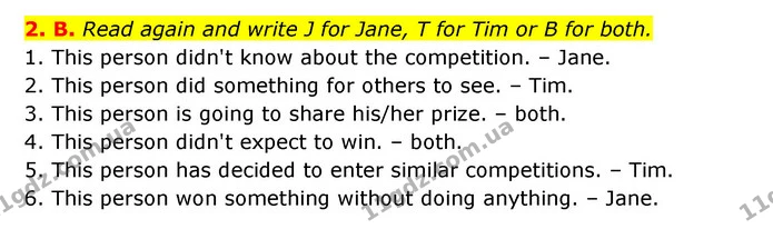 2. B. Read again and write J for Jane, T for Tim or B for both. — ГДЗ Англійська мова 6 клас Мітчелл