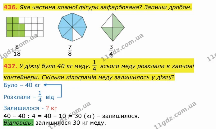 436. Яка частина кожної фігури зафарбована? Запиши дробом. — ГДЗ Математика 3 клас Листопад 1-2 ч.