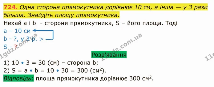 724. Одна сторона прямокутника дорівнює 10 см, а інша — у 3 рази більша. Знайдіть площу прямокутника. — ГДЗ Математика 5 клас Тарасенкова 2022