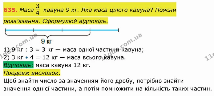 635. Маса кавуна 9 кг. Яка маса цілого кавуна? Поясни розв’язання. Сформулюй відповідь. — ГДЗ Математика 4 клас Заїка