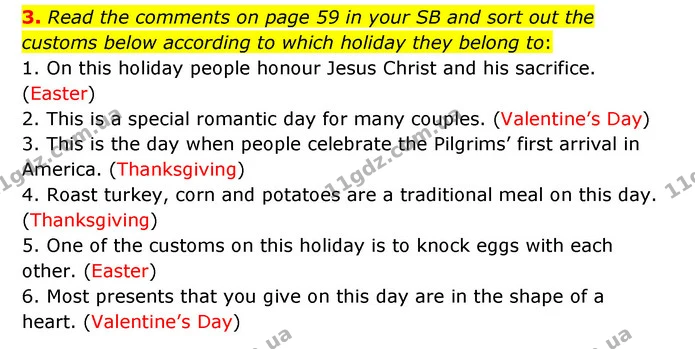 3. Read the comments on page 59 in your SB and sort out the customs below according to which holiday they belong to: — ГДЗ Робочий зошит Англійська мова 5 клас Карпюк