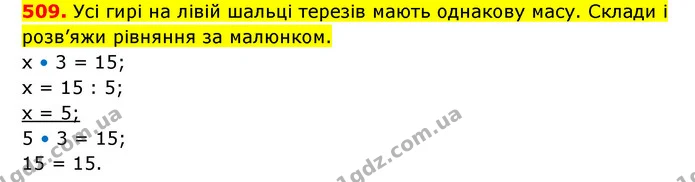 509. Усі гирі на лівій шальці терезів мають однакову масу. Склади і розв’яжи рівняння за малюнком. — ГДЗ Математика 3 клас Будна 1-2 ч.
