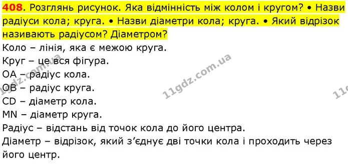 408. Розглянь рисунок. Яка відмінність між колом і кругом? • Назви радіуси кола; круга. • Назви діаметри кола; круга. • Який відрізок — ГДЗ Математика 3 клас Козак 1-2 ч.