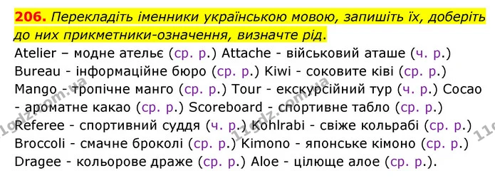 206. Перекладіть іменники українською мовою, запишіть їх, доберіть до них прикметники-означення, визначте рід. — ГДЗ Українська мова 6 клас Голуб 2023