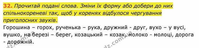 32. Прочитай подані слова. Зміни їх форму або добери до них спільнокореневі так, щоб у коренях відбулося чергування приголосних звуків. — ГДЗ Українська мова та читання 4 клас Коваленко