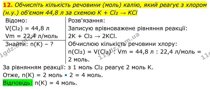 12. Обчисліть кількість речовини (моль) калію, який реагує з хлором (н.у.) об'ємом 44,8 л за схемою K + Cl₂ → KCl — ГДЗ Хімія 8 клас Мідак