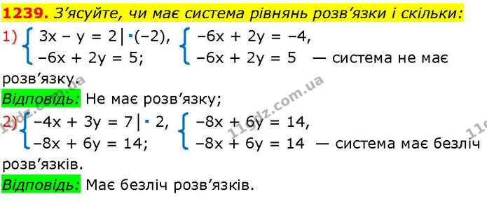 1239. З’ясуйте, чи має система рівнянь розв’язки і скільки: — ГДЗ Алгебра 7 клас Істер 2024