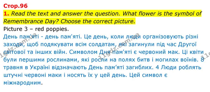1. Read the text and answer the question. What flower is the symbol of Remembrance Day? Choose the correct picture. — ГДЗ Англійська мова 4 клас Пухта