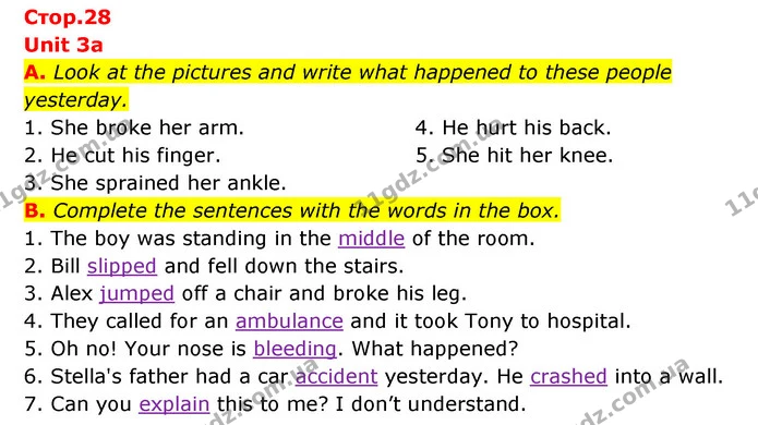 A. Look at the pictures and write what happened to these people yesterday. — ГДЗ Робочий зошит Англійська мова 6 клас Мітчелл