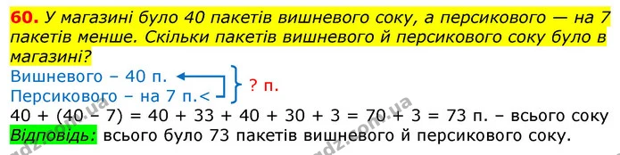 60. У магазині було 40 пакетів вишневого соку, а персикового — на 7 пакетів менше. Скільки пакетів вишневого й персикового соку було в — ГДЗ Математика 3 клас Листопад 1-2 ч.