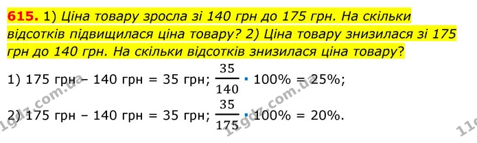 615. 1) Ціна товару зросла зі 140 грн до 175 грн. На скільки відсотків підвищилася ціна товару? 2) Ціна товару знизилася зі 175 грн до — ГДЗ Математика 6 клас Мерзляк 2023 1-2 ч.