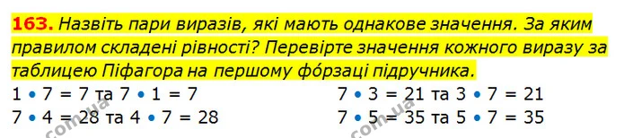 163. Назвіть пари виразів, які мають однакове значення. За яким правилом складені рівності? Перевірте значення кожного виразу за — ГДЗ Математика 3 клас Оляницька 1 та 2 частини