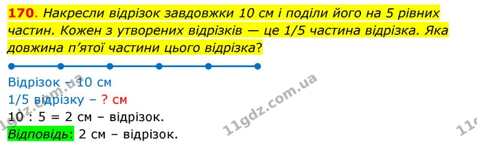 170. Накресли відрізок завдовжки 10 см і поділи його на 5 рівних частин. Кожен з утворених відрізків — це 1/5 частина відрізка. Яка — ГДЗ Математика 3 клас Бевз 1 частина