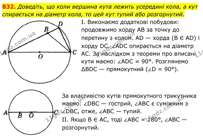 832. Доведіть, що коли вершина кута лежить усередині кола, а кут — ГДЗ Геометрія 8 клас Мерзляк