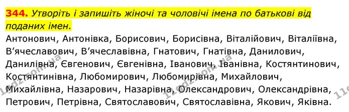 344. Утворіть і запишіть жіночі та чоловічі імена по батькові від поданих імен. — ГДЗ Відповіді Українська мова 6 клас Єрмоленко