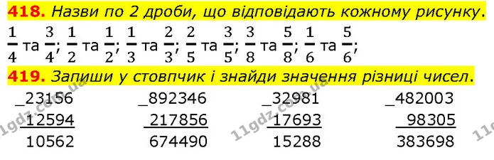 418. Назви по 2 дроби, що відповідають кожному рисунку. — ГДЗ Математика 4 клас Бевз 1 та 2 частини