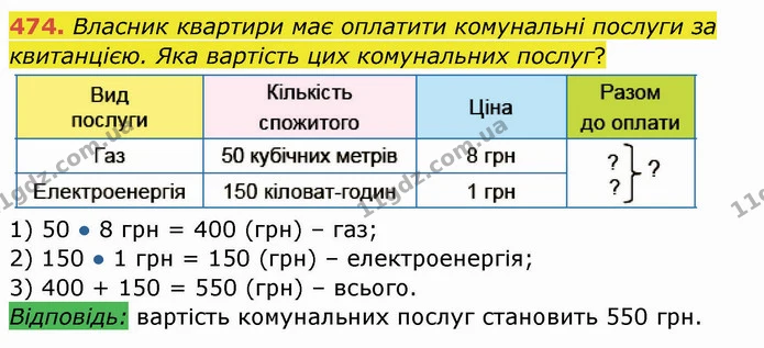 474. Власник квартири має оплатити комунальні послуги за квитанцією. Яка вартість цих комунальних послуг? — ГДЗ Математика 4 клас Заїка