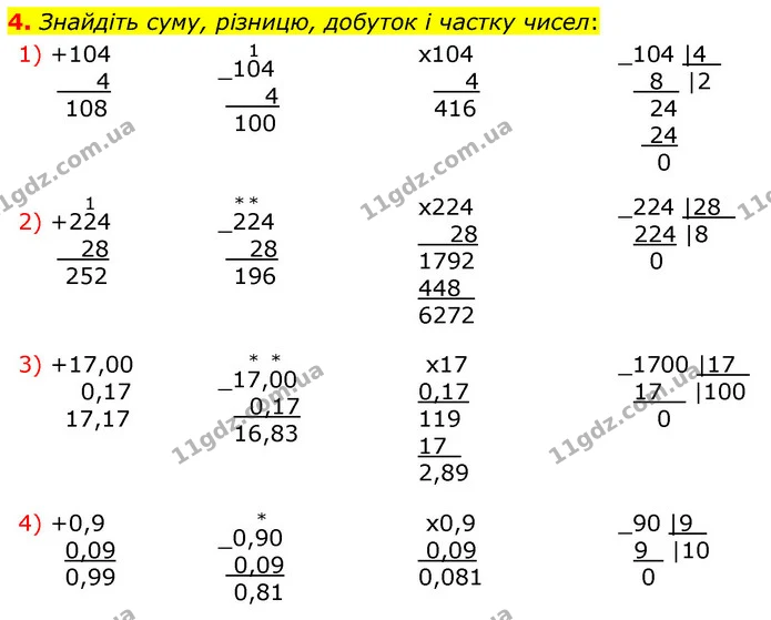 4. Знайдіть суму, різницю, добуток і частку чисел: — ГДЗ Математика 6 клас Тарасенкова 2023 1-2 ч.