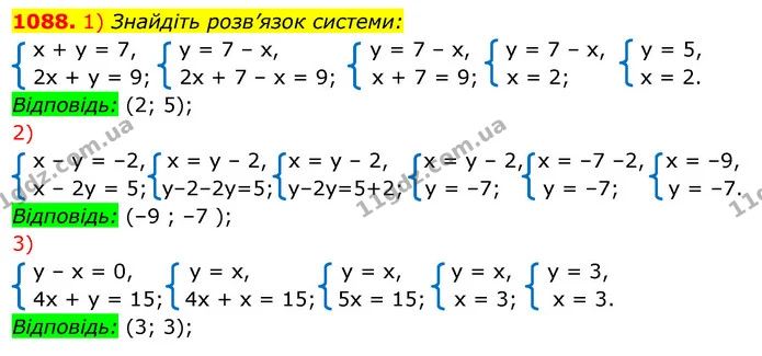 1088. 1) Знайдіть розв’язок системи: — ГДЗ Алгебра 7 клас Істер 2020