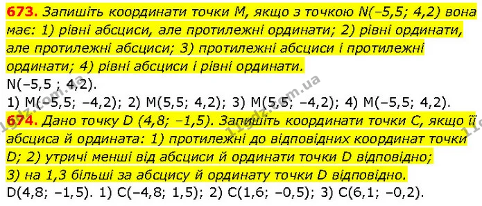 673. Запишіть координати точки M, якщо з точкою N(–5,5; 4,2) вона має: 1) рівні абсциси, але протилежні ординати; 2) рівні ординати — ГДЗ Алгебра 7 клас Тарасенкова 2024