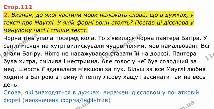 2. Визнач, до якої частини мови належать слова, що в дужках, у тексті про Мауглі. У якій формі вони стоять? Постав ці дієслова у — ГДЗ Українська мова та читання 4 клас Пономарьова