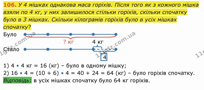 106. У 4 мішках однакова маса горіхів. Після того як з кожного мішка взяли по 4 кг, у них залишилося стільки горіхів, скільки спочатку — ГДЗ Математика 4 клас Лишенко 1-2 ч.