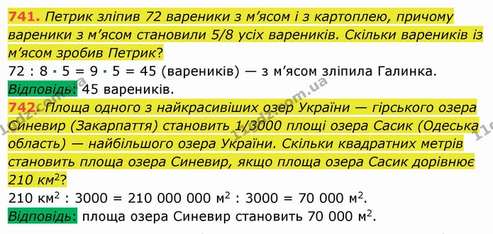 741. Петрик зліпив 72 вареники з м’ясом і з картоплею, причому вареники з м’ясом становили 5/8 усіх вареників. Скільки вареників із — ГДЗ Математика 5 клас Мерзляк