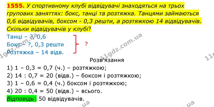 1555. У спортивному клубі відвідувачі знаходяться на трьох групових заняттях: бокс, танці та розтяжка. Танцями займаються 0,6 — ГДЗ Математика 5 клас Бевз