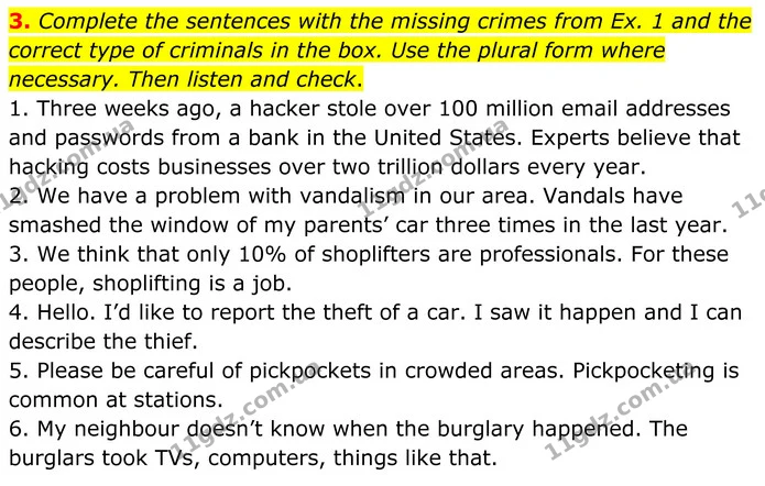 3. Complete the sentences with the missing crimes from Ex. 1 and the correct type of criminals in the box. Use the plural form where — ГДЗ Англійська мова 8 клас Стайрінг (Prepare)