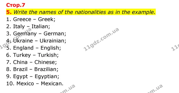5. Write the names of the nationalities as in the example. — ГДЗ Робочий зошит Англійська мова 5 клас Косован (Дж. Коста)