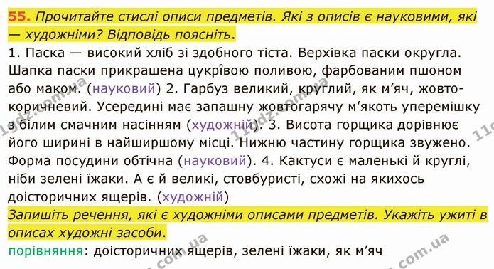 55. Прочитайте стислі описи предметів. Які з описів є науковими, які — художніми? Відповідь поясніть. — ГДЗ Українська мова 5 клас Глазова 2022