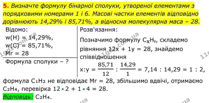 5. Визначте формулу бінарної сполуки, утвореної елементами з порядковими номерами 1 і 6. Масові частки елементів відповідно дорівнюють — ГДЗ Хімія 8 клас Мідак