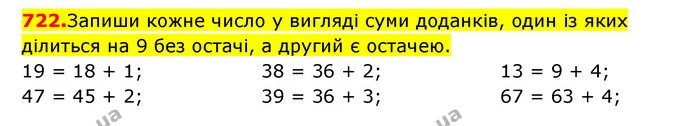 722. Запиши кожне число у вигляді суми доданків, один із яких ділиться на 9 без остачі, а другий є остачею. — ГДЗ Математика 3 клас Будна 1-2 ч.