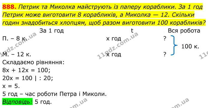 888. Петрик та Миколка майструють із паперу кораблики. За 1 год Петрик може виготовити 8 корабликів, а Миколка — 12. Скільки годин — ГДЗ Алгебра 8 клас Тарасенкова