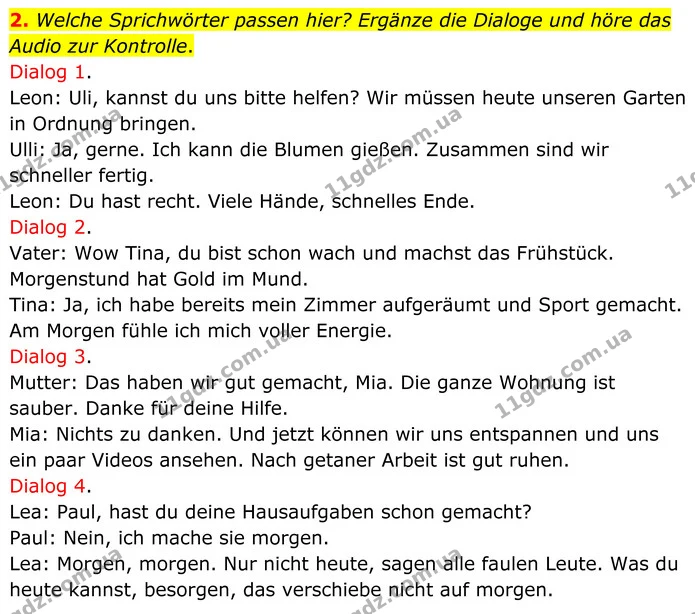 2. Welche Sprichwörter passen hier? Ergänze die Dialoge und höre das Audio zur Kontrolle. — ГДЗ Німецька мова 8 клас Сотникова (2025) 4 рік