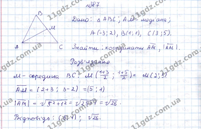 387. AM — медіана трикутника ABC. Знайдіть координати вектора AM та його модуль, якщо A(–3; 2), B(1; 1), C(3; 5). — ГДЗ Геометрія 9 клас Бевз 2017
