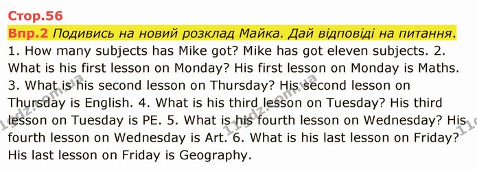 Впр.2 Подивись на новий розклад Майка. Дай відповіді на питання. 1. How many subjects has Mike got? Mike has got eleven subjects. 2 — ГДЗ Англійська мова 6 клас Карпюк 2014