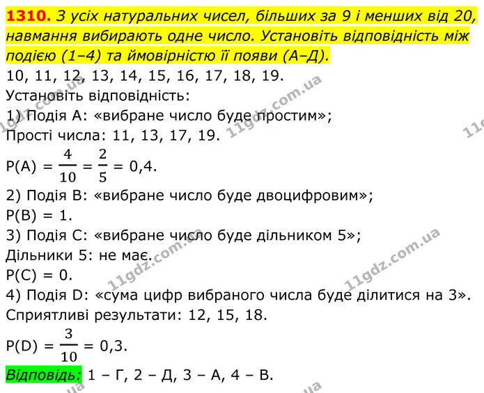 1310. З усіх натуральних чисел, більших за 9 і менших від 20, навмання вибирають одне число. Установіть відповідність між — ГДЗ Алгебра 7 клас Бевз