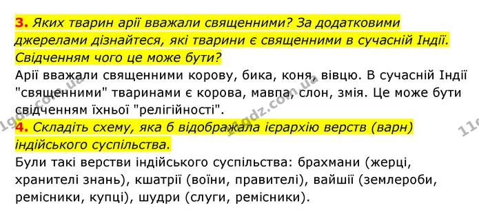 3. Яких тварин арії вважали священними? За додатковими джерелами дізнайтеся, які тварини є священними в сучасній Індії. Свідченням чого — ГДЗ Історія України 6 клас Гісем
