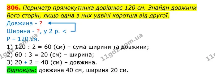 806. Периметр прямокутника дорівнює 120 см. Знайди довжини його сторін, якщо одна з них удвічі коротша від другої. — ГДЗ Математика 5 клас Бевз