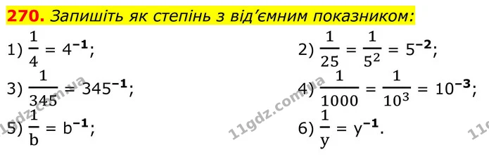 270. Запишіть як степінь з від’ємним показником: — ГДЗ Алгебра 8 клас Тарасенкова