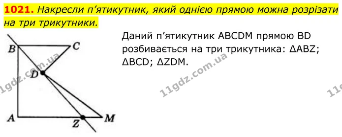 1021. Накресли п’ятикутник, який однією прямою можна розрізати на три трикутники. — ГДЗ Геометрія 8 клас Бевз