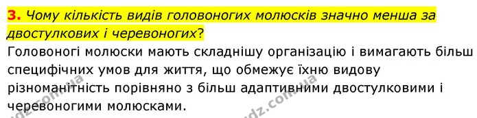 3. Чому кількість видів головоногих молюсків значно менша за двостулкових і черевоногих? — ГДЗ Біологія 7 клас Балан